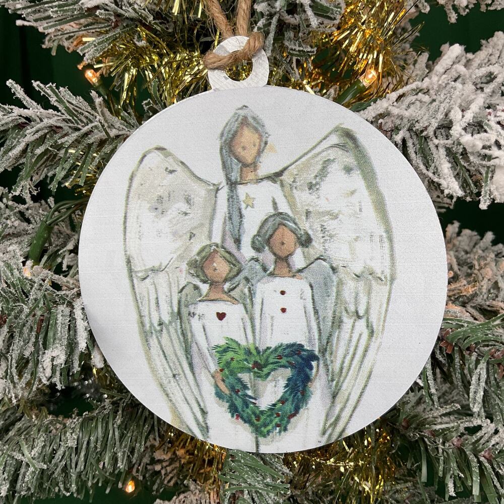 Burton + Burton Three Angels Holding Heart Wreath Flat Round Wooden Ornament